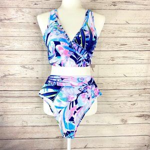 Blue and Pink Tropical Bikini Set Swimsuit High Waits Bottoms Size M